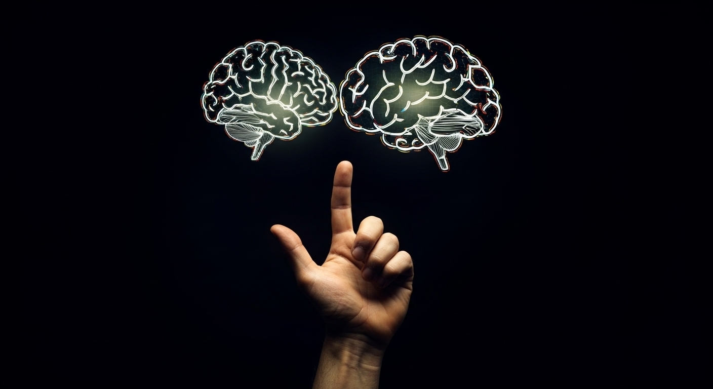 A imagem mostra uma mão com o dedo indicador apontando para cima, em direção a duas silhuetas de cérebros brilhantes e estilizados em um fundo escuro. A representação dos dois cérebros sugere a ideia de conexão, comunicação e compreensão mútua, essenciais para criar uma landing page que ressoe com o público-alvo.