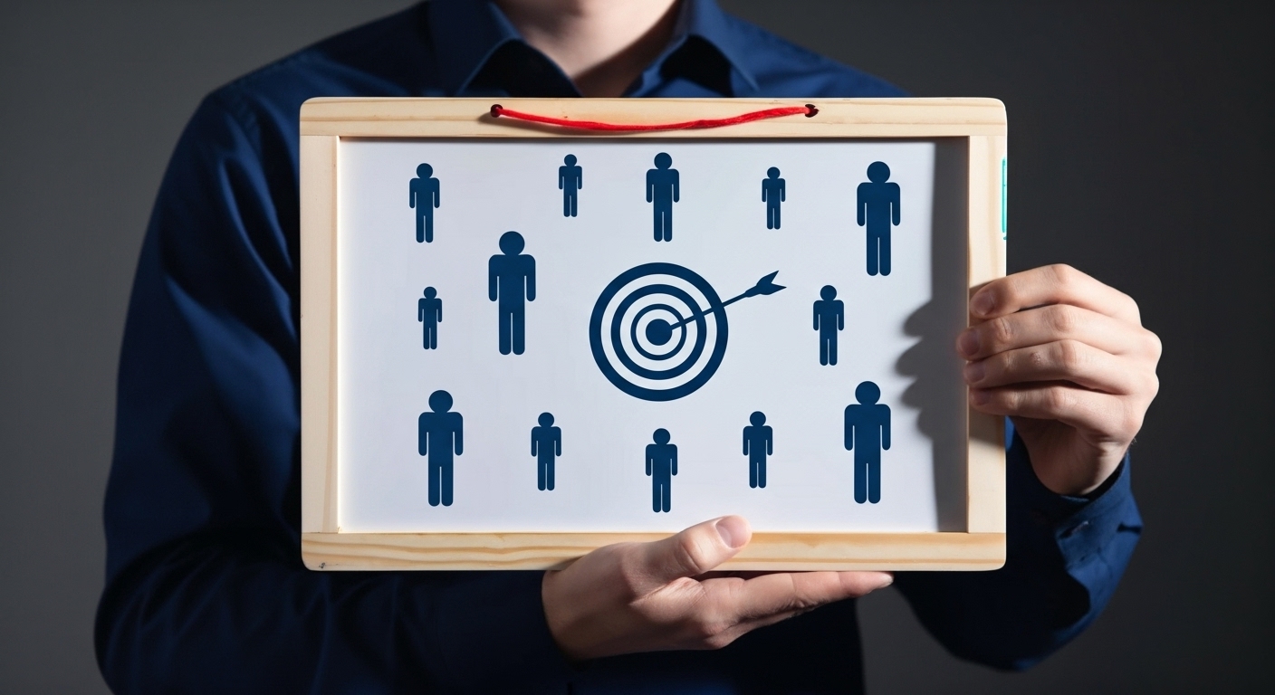 Pessoa segurando uma lousa com figuras humanas em volta de um alvo, simbolizando a identificação e segmentação precisa do nicho de mercado e o foco no público-alvo principal.