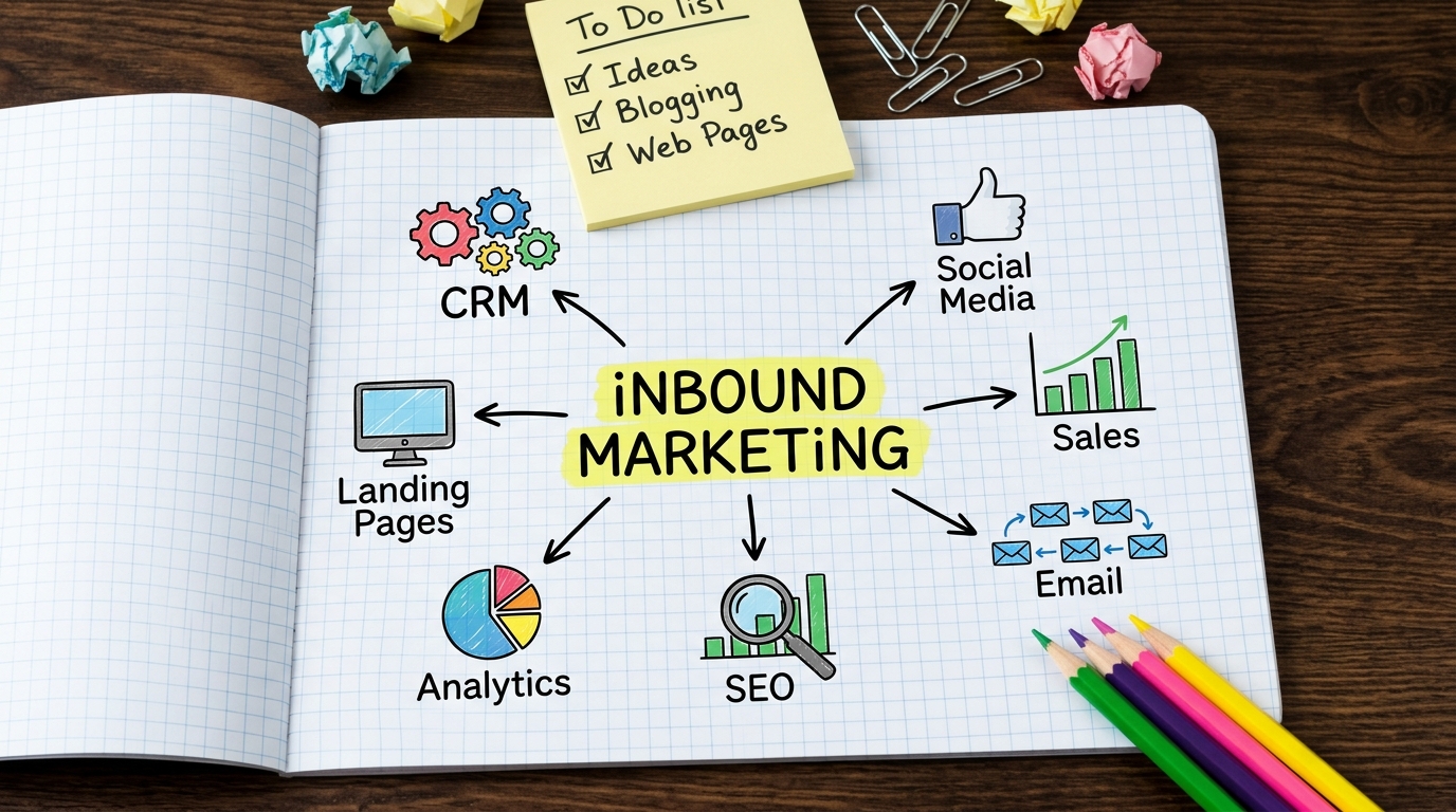 Caderno de notas aberto sobre uma mesa de madeira, contendo um mapa mental desenhado à mão com o termo "INBOUND MARKETING" em destaque no centro. Setas apontam para ícones e legendas que compõem a estratégia, incluindo CRM, Social Media, Sales, Email, SEO, Analytics e Landing Pages, com um post-it amarelo de "To Do list" fixado no topo, detalhando "Ideas", "Blogging" e "Web Pages" como parte do planejamento de Inbound Marketing.
