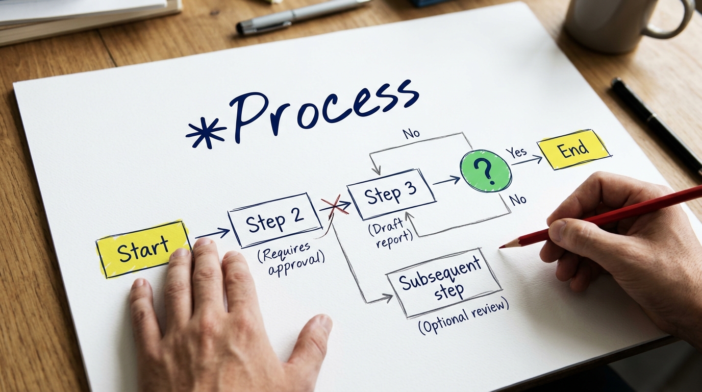 Mãos desenhando um fluxograma intitulado "*Process" em uma folha de papel, com etapas numeradas, caixas de decisão e setas indicando o fluxo de trabalho. A imagem representa o mapeamento e a estruturação de processos estratégicos, como o funil de Inbound Marketing.