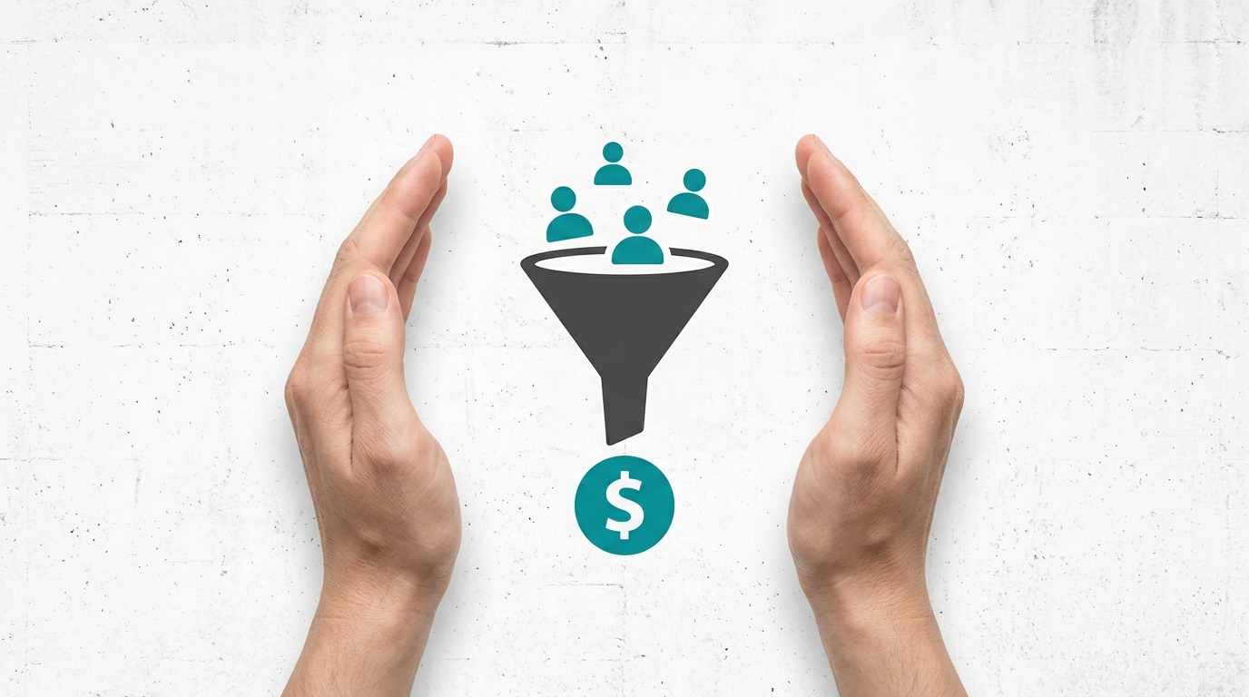 Aqui está a sugestão de texto alternativo para a imagem Funnel_with_people_and_dollar_202606301146.jpeg:

Texto Alternativo:

Duas mãos estão posicionadas ao redor de um ícone central que mostra pessoas entrando em um funil, com um símbolo de cifrão ($) saindo na parte inferior, representando o processo de conversão de leads em clientes através de estratégias de Inbound Marketing.