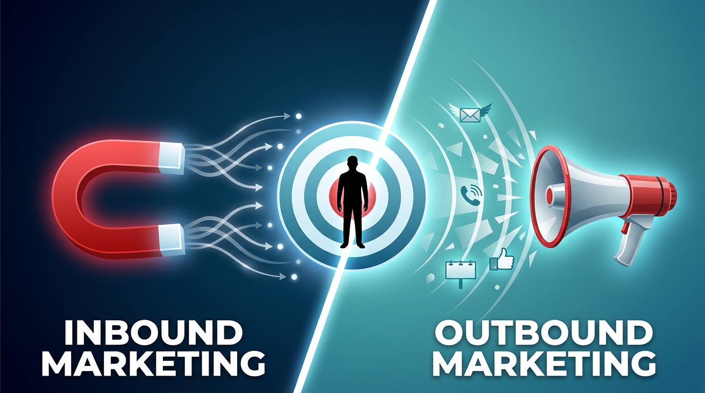 Imagem comparativa dividida ao meio, ilustrando as diferenças entre duas estratégias de marketing. À esquerda, um ímã atrai um alvo central, representando o conceito de Inbound Marketing. À direita, um megafone emite sinais sonoros para o público, representando o Outbound Marketing.