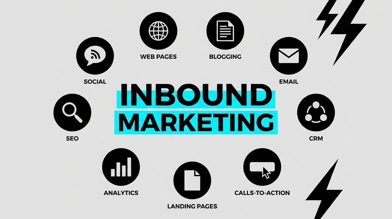 Infográfico com fundo cinza-claro exibindo ao centro o texto "INBOUND MARKETING" em letras maiúsculas pretas com sublinhado azul-ciano. Ao redor do título, estão dispostos circularmente nove ícones pretos com ilustrações brancas e legendas que representam os pilares da estratégia: SEO, SOCIAL, WEB PAGES, BLOGGING, EMAIL, CRM, CALLS-TO-ACTION, LANDING PAGES e ANALYTICS. Ícones de raios estilizados aparecem nos cantos superior direito e inferior direito.