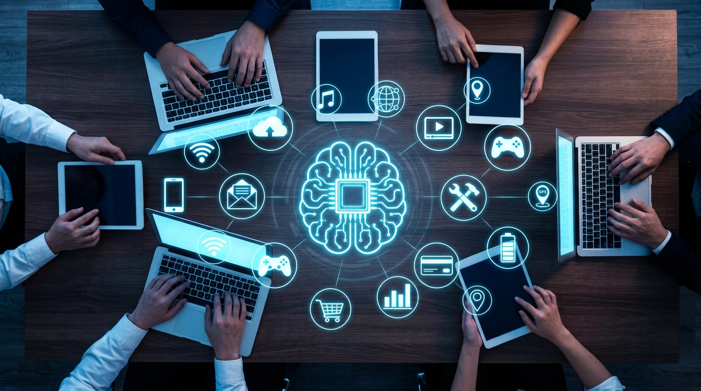 Visão aérea de uma equipe reunida em torno de uma mesa de madeira, trabalhando simultaneamente em diversos laptops e tablets. No centro da mesa, um gráfico holográfico de um cérebro conectado a múltiplos ícones digitais — como ferramentas, mensagens, tráfego de dados e compras — ilustra a integração de tecnologias e estratégias de automação usadas em campanhas de Inbound Marketing.