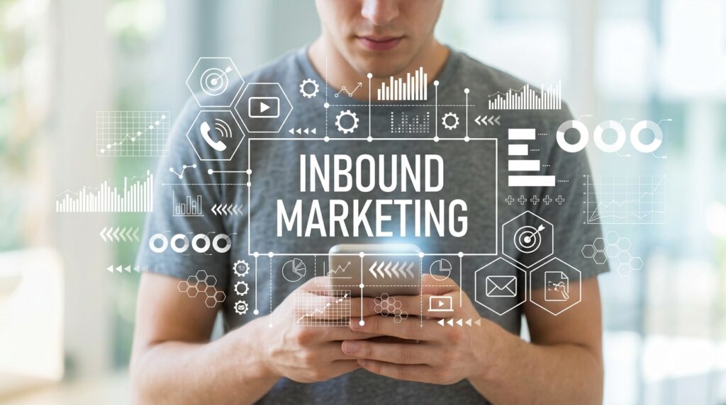 Um homem com uma camiseta cinza olha para o seu smartphone, que está cercado por uma interface holográfica flutuante com o texto "INBOUND MARKETING" em destaque. Ao redor do título, diversos ícones de dados, gráficos, redes sociais e alvos ilustram os elementos estratégicos e o monitoramento contínuo envolvidos na prática de Inbound Marketing.